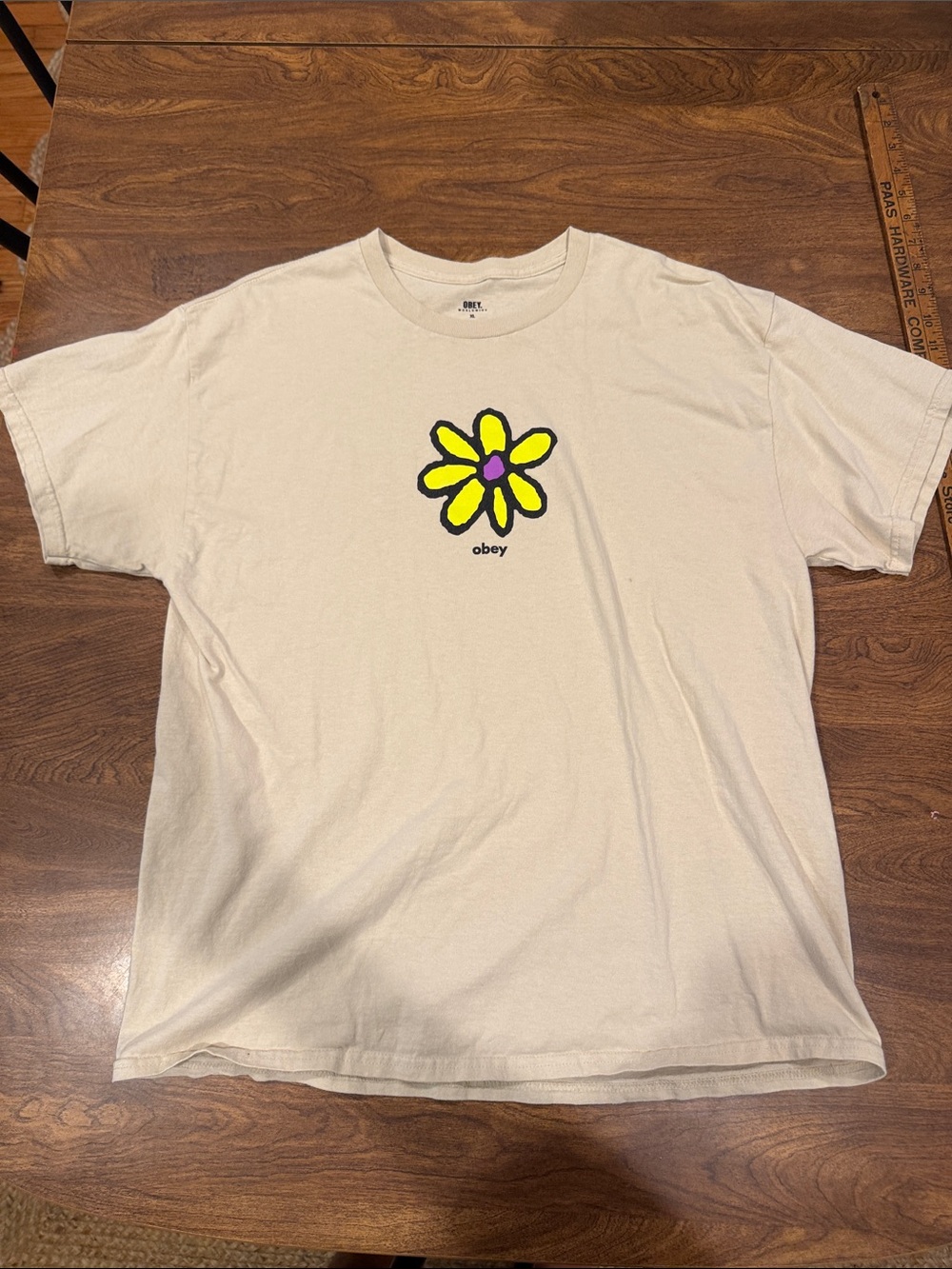 Obey Cream T-Shirt with Yellow Daisy and Pink Center